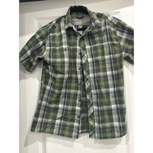Eddie Bauer Men's Med. Plaid Short Sleeve Button-Up Shirt Green White Blue